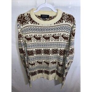 Woodward & Lothrop Men’s Pullover Sweater Size Large Ivory Reindeer Motif Cozy